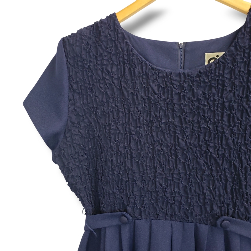 Vintage EJM Navy Blue Textured Belted Midi Dress Size 10 - Picture 3 of 10